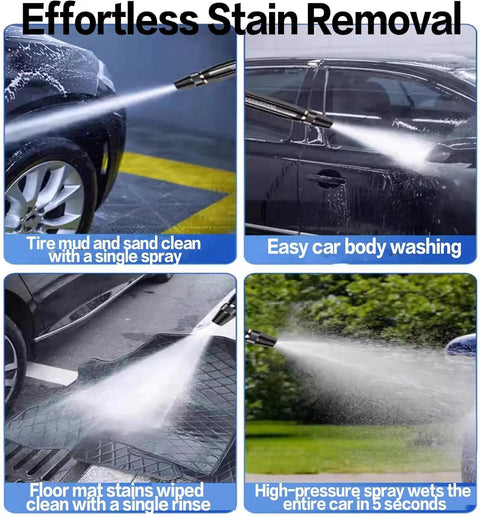 Effortless stain removal using Beefy High Pressure Car Wash Water Gun With Booster Nozzle on tires, car body, and floor mat