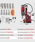 Precision Auto Portable Magnetic Drill Press 1550W Motor with 750 RPM and 1.57 Inch Boring Diameter accessories and specs.