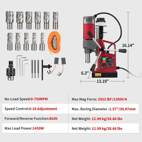 Precision Auto Portable Magnetic Drill Press 1550W Motor with 750 RPM and 1.57 Inch Boring Diameter accessories and specs.