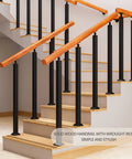 Rock Hard Workhorse Deck Railing Features Expandable Design From 60 To 140 Cm with durable wood handrail and iron posts on stairs.