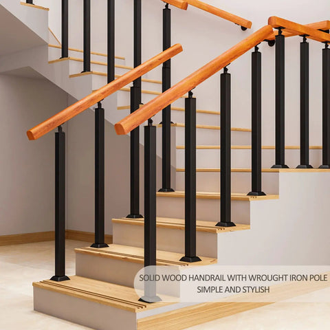 Rock Hard Workhorse Deck Railing Features Expandable Design From 60 To 140 Cm with durable wood handrail and iron posts on stairs.
