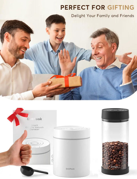 Family celebrating with the Automatic Vacuum Coffee Canister Keeps Your Daily Brew Stash Hella Fresh For Months, showcasing coffee beans.