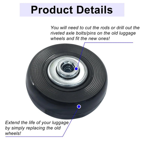 Close-up of 45x18mm luggage replacement wheel, rubber swivel caster with ball bearings for suitcase repair shown with installation details.