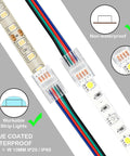 10 Pack 4 Pin 10mm Solderless LED Strip Light Connectors And 16.4 Ft Conductor Extension Cable With Screwdriver For No Fuss Waterproof RGB LED Strip Lights Track Lighting showing non-waterproof and waterproof strip compatibility