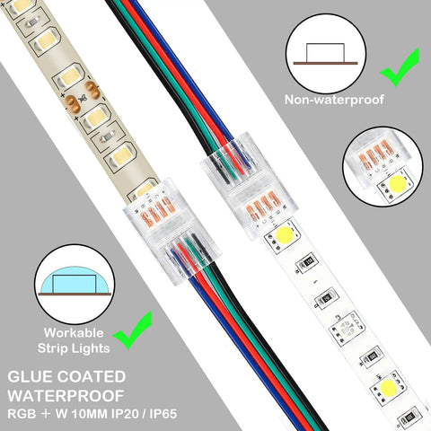 10 Pack 4 Pin 10mm Solderless LED Strip Light Connectors And 16.4 Ft Conductor Extension Cable With Screwdriver For No Fuss Waterproof RGB LED Strip Lights Track Lighting showing non-waterproof and waterproof strip compatibility