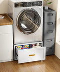 Front view of washer on heavy duty laundry pedestal for washer and dryer, 16 inch high by 28 inch wide universal metal stand with drawer