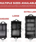 XL Beefed Up Trunk Organizer For SUV And Truck With Six Adjustable Compartments And Non Slip Base, foldable design, sizes shown
