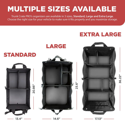 XL Beefed Up Trunk Organizer For SUV And Truck With Six Adjustable Compartments And Non Slip Base, foldable design, sizes shown