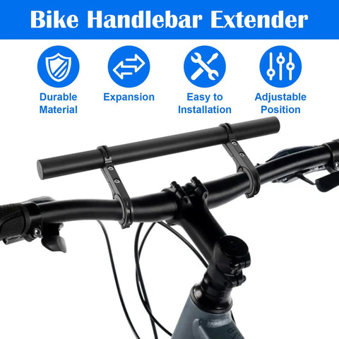 Ultra Long Bike Handlebar Extender Eleven Point Eight Inches Aluminum Alloy Cross Bar mounted on a bicycle handlebar.