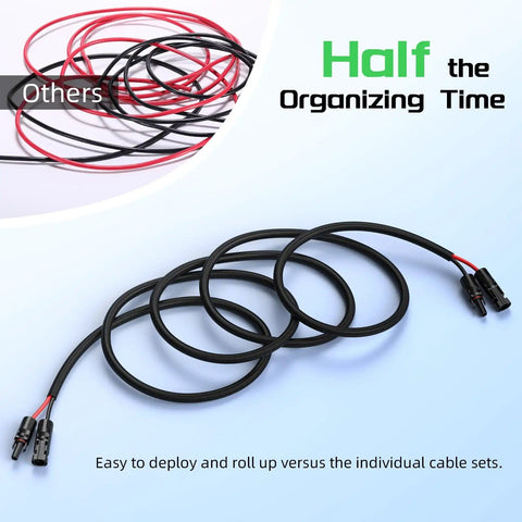 10 AWG 30 Ft Solar Panel Extension Cable Built To Last With Flame Retardant Protective Sleeving Twin Wire Solar Cable Featuring IP68 Waterproof Connectors Dust Caps For Home And RV Solar Setups displayed coiled with comparison image showing organizational advantage over other cables