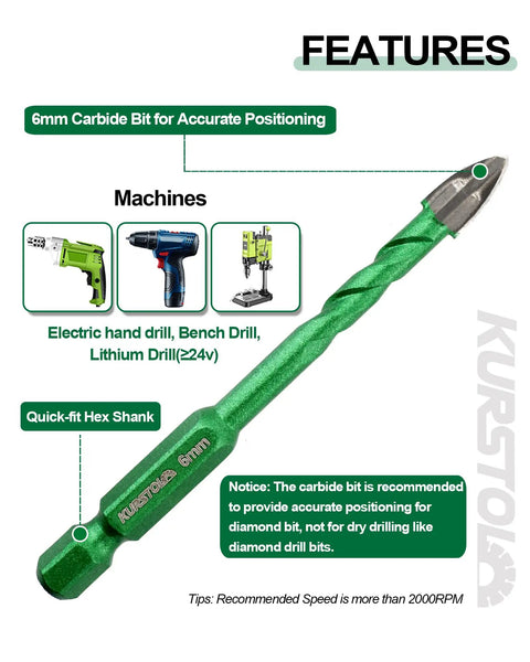 Top Tier Diamond Drill Bit Kit With Quick Fit Hex Shank And Ph2 Screwdriver Bits For Cruising Through Ceramic Tile Porcelain Granite And Marble Like A Boss In 12 Piece 6mm carbide bit for drill positioning.