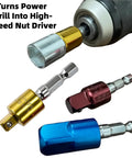 360 Degree Rotatable Socket Adapter Set For Drill Chucks Hex 1/4 3/8 1/2 Inch Convert Your Drill Into A High Speed Nut Driver Impact Grade CR-V 3 Piece, shown with adapters in gold, silver, red, blue, and connected to a power drill.