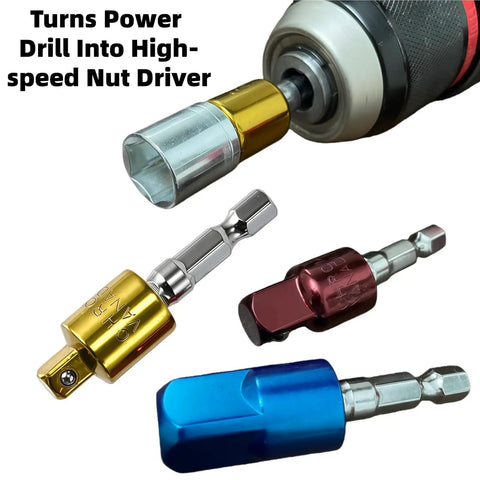 360 Degree Rotatable Socket Adapter Set For Drill Chucks Hex 1/4 3/8 1/2 Inch Convert Your Drill Into A High Speed Nut Driver Impact Grade CR-V 3 Piece, shown with adapters in gold, silver, red, blue, and connected to a power drill.