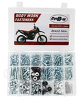 Premium Heavy Duty Blue Zinc Plated Bolt Kit For Honda CRF250 300 450 Rally Dirt Bikes in a divided organizer with assorted fasteners.