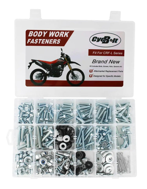 Premium Heavy Duty Blue Zinc Plated Bolt Kit For Honda CRF250 300 450 Rally Dirt Bikes in a divided organizer with assorted fasteners.