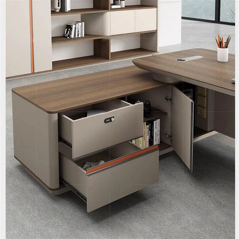Ultimate Sit Stand Desk Boss Level Workstation smooth motorized lift with dual storage drawers and eco-friendly finish.
