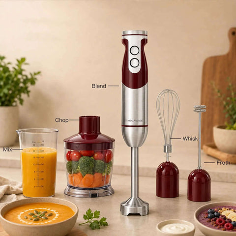 Kickass Immersion Hand Blender With Five Multifunction Attachments And Twelve Variable Speed Settings Whips Up Soups Purees And Smoothies Effortlessly A Real Game Changer For Your Countertop displayed with mixing jar and attachments.