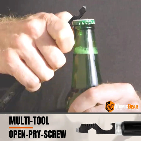 Person using All In One Tactical Pen With Built In Flashlight, Glass Breaker, Bottle Opener, And Multi Tool For Self Defense On Bottle