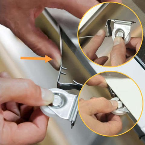 Nylon Concave Screen Door Roller Replacement Set With Edge Adjustable Design For Tool Free Fix Of Sticking Sliders in use, demonstrating installation.