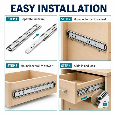 Heavy Duty Stainless Steel Drawer Slides 500 Lb Capacity Full Extension Rails Side Mount Industrial Grade Built To Haul Heavy Loads With Smooth Quiet Operation 2.5mm Steel Build installation steps on drawer and cabinet