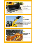 Compact Backhoe Loader With Front End Loader And Rear Excavator for trenching, digging, earthmoving; features bucket, arm, and oil cylinder.