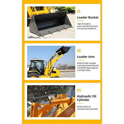 Compact Backhoe Loader With Front End Loader And Rear Excavator for trenching, digging, earthmoving; features bucket, arm, and oil cylinder.