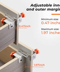 Adjustable Stainless Steel Cabinet Drawer Front Mounting Clamp Kit demonstrating 0.47 to 1.97 inches alignment range.