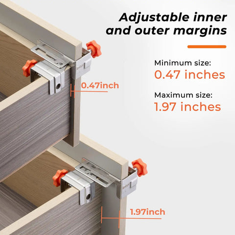 Adjustable Stainless Steel Cabinet Drawer Front Mounting Clamp Kit demonstrating 0.47 to 1.97 inches alignment range.