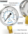 Stainless Steel Dry Pressure Gauge 0 To 60 Psi, 2 Inch Dial, Lower Mount, 1/4 Inch NPT, Waterproof For Pool Filter Pump Oil Air Compressor Tire Pressure Tester, Includes 1/2 Inch NPT And 3/8 Inch NPT Hex Bush gauge close-up showing brass threads, transparent glass cover, and pointer on a 2 inch dial.