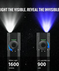 Go-To 3-In-1 Flat EDC Flashlight With 1600 Lumen White LED, Green Beam And UV, showing white and UV beams in the dark.