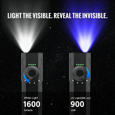 Go-To 3-In-1 Flat EDC Flashlight With 1600 Lumen White LED, Green Beam And UV, showing white and UV beams in the dark.