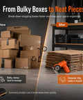 Before and after using the Cordless Electric Cardboard Cutter 3/8 Inch Blade for thick shipping boxes, showing organized cardboard.