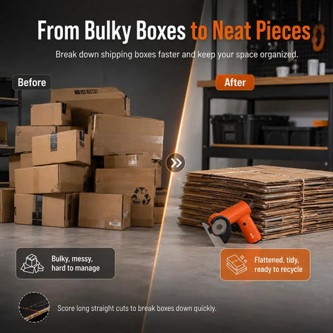 Before and after using the Cordless Electric Cardboard Cutter 3/8 Inch Blade for thick shipping boxes, showing organized cardboard.