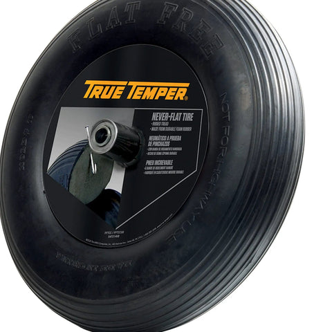 Close-up of Never Flat 8 Inch Wheelbarrow Tire With Ribbed Tread, Solid Polyurethane Wheel, No Inflation Needed, 16 Inch Wheel.