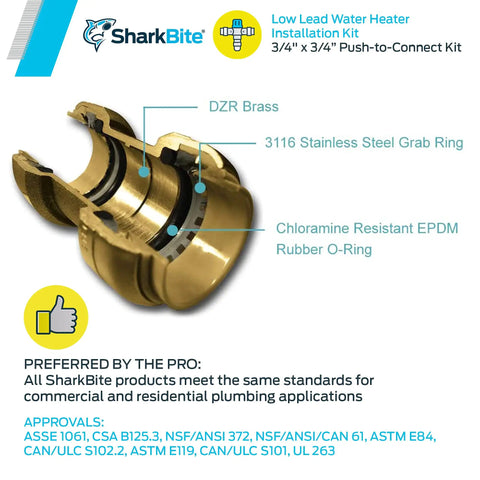 Three Quarter Inch Water Heater Connection Kit With Push To Connect Brass Fittings For PEX Copper CPVC PERT HDPE Pipes Includes Two Female Connectors And A Disconnection Clip For Tight Spaces