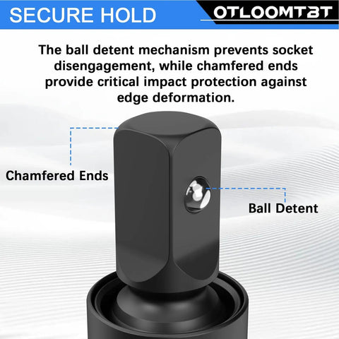 11 Piece Impact Socket Adapter And Swivel Socket Set In Chrome Moly Steel featuring ball detent and chamfered ends for secure hold.