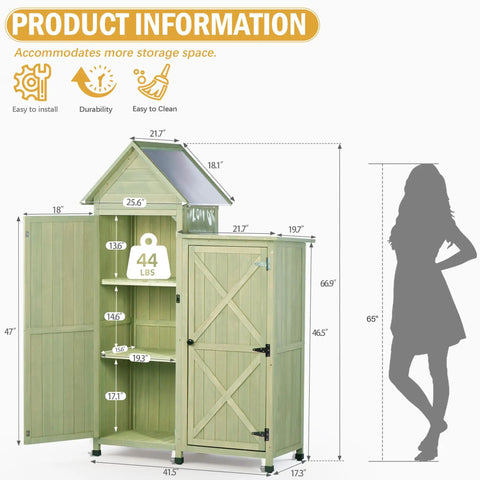 Outdoor Storage Cabinet With Waterproof Metal Roof And Wooden Vertical Design, Tall Garden Tool Shed With Multiple Shelves