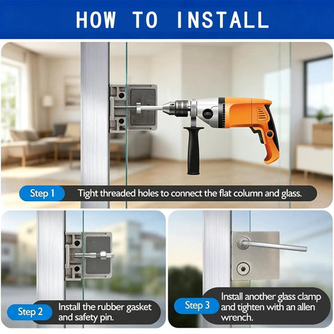 Installation steps for Heavy Duty 316 Glass Clamps 8 Pack For 8-12mm Glass, 1.8 Inch Square Brackets with drill and gaskets.