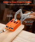 Pocket Hole Jig Kit Adjustable From Half Inch To One And A Half Inch With Case Pro Grade C Clamp Step Drill Hex Wrench Drill Stop Ring Square Drive Bit Reinforced Metal Frame For Woodworking in use on wood piece.