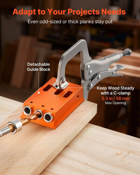 Pocket Hole Jig Kit Adjustable From Half Inch To One And A Half Inch With Case Pro Grade C Clamp Step Drill Hex Wrench Drill Stop Ring Square Drive Bit Reinforced Metal Frame For Woodworking in use on wood piece.