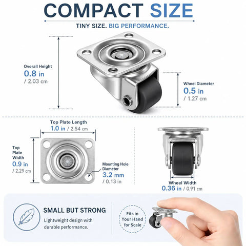 1 Inch Swivel Caster Wheels 8 Pack Mini Furniture Rollers With Self Adhesive Mounts Stainless Steel Nylon Core size and dimensions overview.