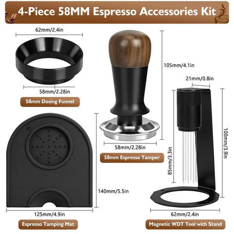 Bad Ass Home Barista Essential Kit Includes 58mm Spring Loaded Tamper Magnetic Wdt Tool Dosing Funnel And Silicone Tamping Mat For Sick Espresso Shots You Crave Daily - 4-piece espresso accessories kit with clear dimensions.