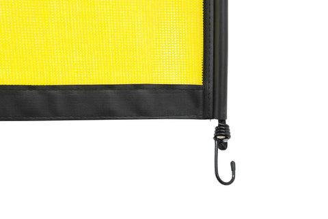 Close-up of Two Pack 18x84 Oversize Load Sign for Trucks with Bungee Cord and Hook showing yellow mesh and hook detail.