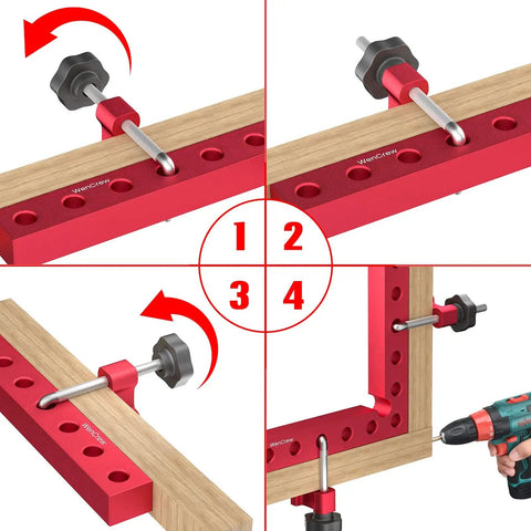 90 Degree Aluminum Woodworking Square With Imperial And Metric Laser Etched Markings, Pro Grade Right Angle Ruler, Multi Function Clamping Tool For DIY Projects, Lightweight And Corrosion Resistant., red aluminum woodworking square clamp holding wood at 90 degrees