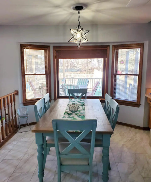 Dining area with Big 16 Inch Moravian Star Pendant Light With Clear Glass Adjustable Chain Hanging Star Ceiling Fixture