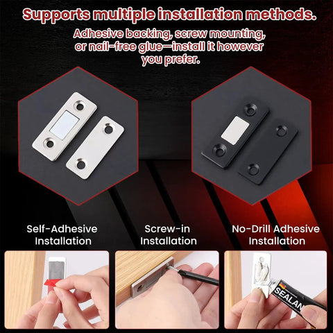16 Pack Ultra Thin Magnetic Cabinet Catches For No Drill Adhesive Install, Strong 15 Lbs Hold, Mixed Color Set installation methods