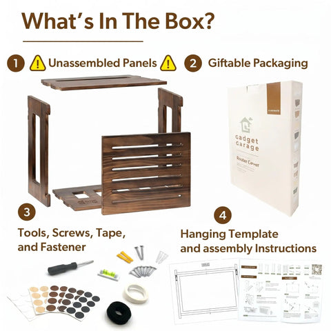 Dark Oak Router Storage Box With Wall Mount And Cable Management System parts and tools displayed beside packaging box