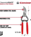 Image of Forged Steel Classic Cut Bypass Hand Pruner With One Inch Cut Capacity showing measurements and features.