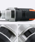 Badass Heavy Duty Cordless Percussion Drill Featuring Lightning Fast Variable Speed Trigger And Rigid Metal Chuck close-up of speed control switch.