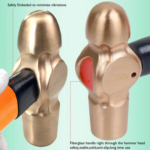 Close-up of a dual-head hammer from Heavy Duty Non Sparking 17 Piece Tool Kit Built Tough With Pipe Wrench And Adjustable Wrenches Pliers Screwdrivers Chisel Die Forged Beryllium Copper Tools That Are Corrosion Resistant Meets DIN Standards BAM Certification.